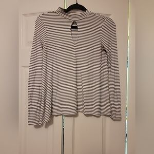 American Eagle Outfitters White and Navy Striped Keyhole Long-Sleeve Tee